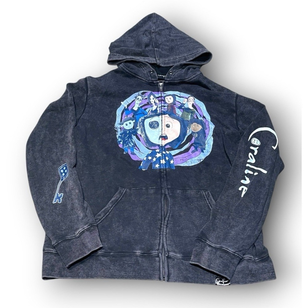 Coraline Zip Up Hoodie Adult Size XL Gray Mineral Wash Two Worlds Hot Topic